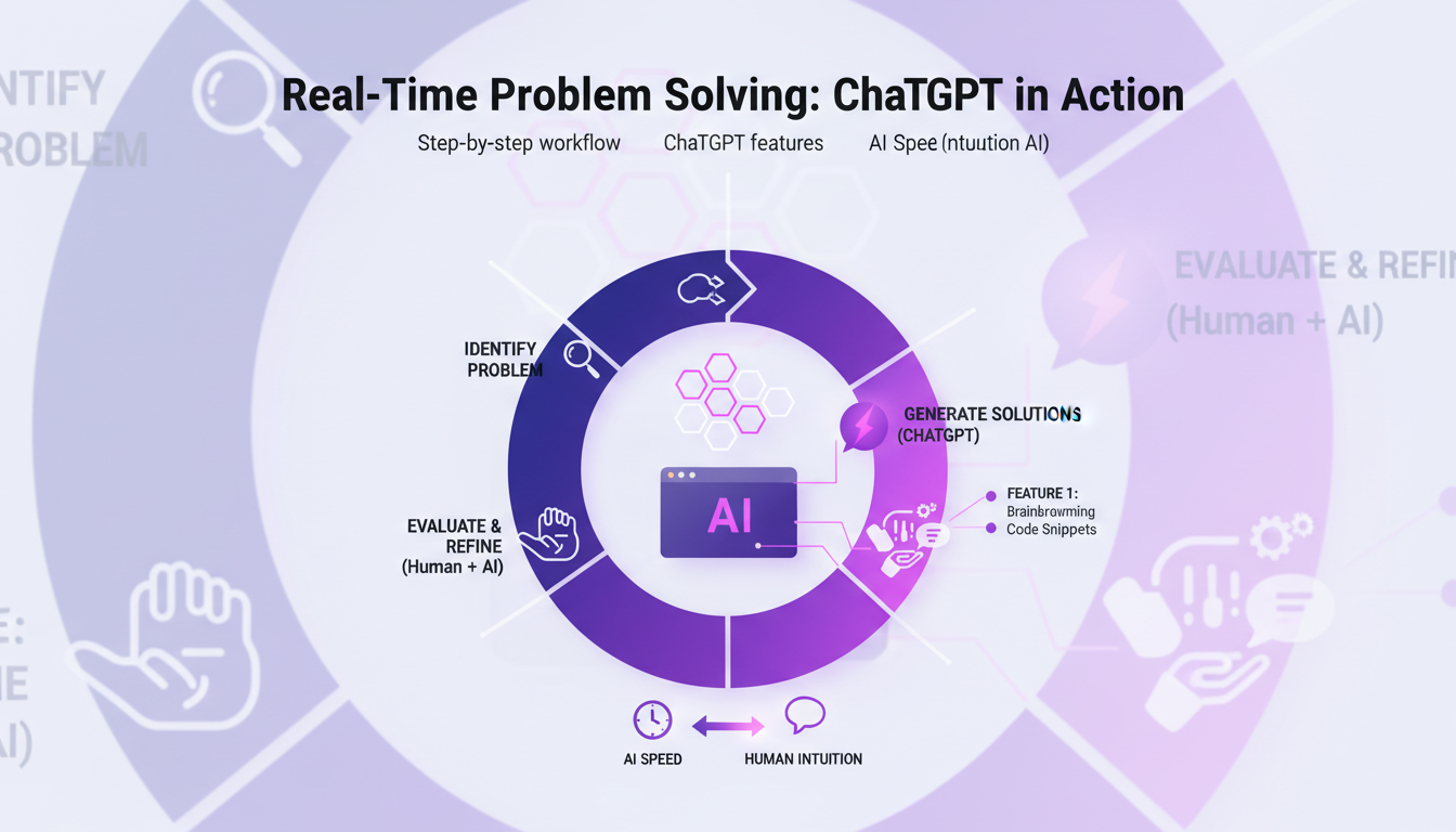 Illustration moderne de ChatGPT résolvant des problèmes en temps réel, avec formes géométriques et dégradés violets.