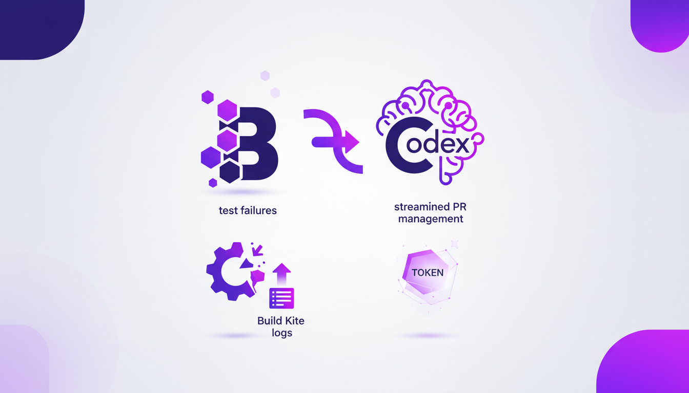Modern illustration of managing PRs and test failures with Build Kite, Codex integration, tokens, AI technology, minimalist style.
