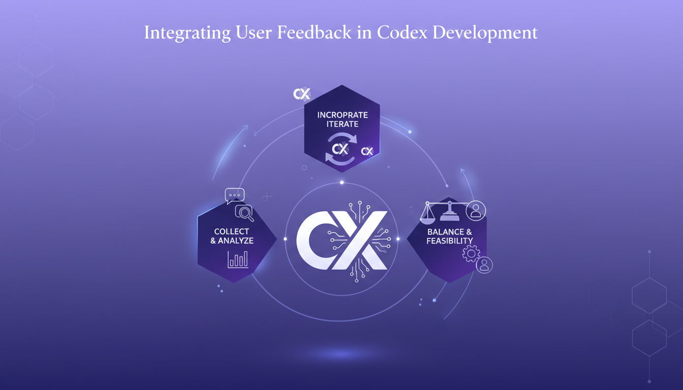 Modern illustration on integrating user feedback in Codex development, featuring geometric shapes and violet gradients, highlighting AI technology.