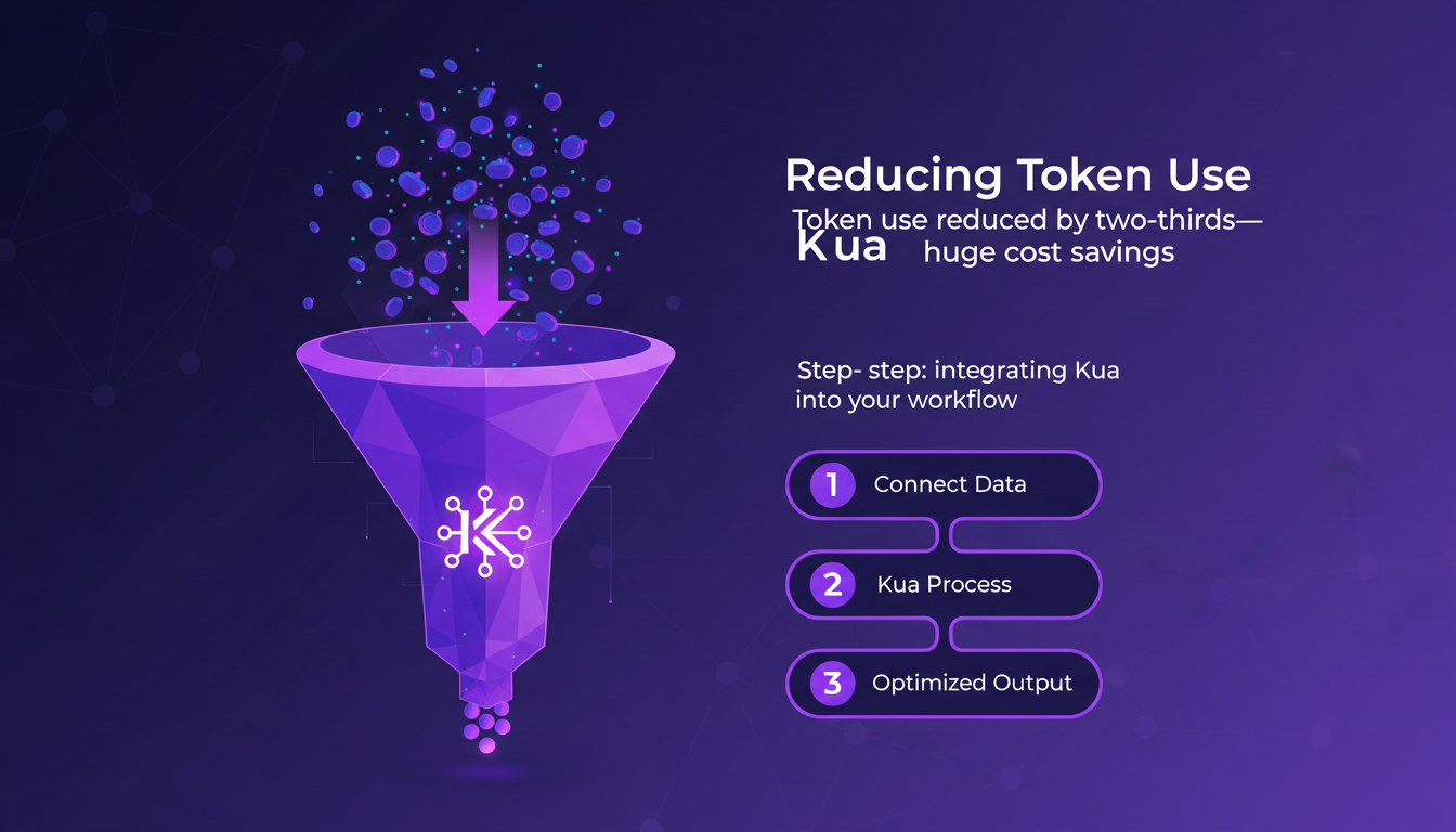 Modern illustration of reducing token use with Kua, highlighting cost savings and resource optimization in a professional, innovative style.