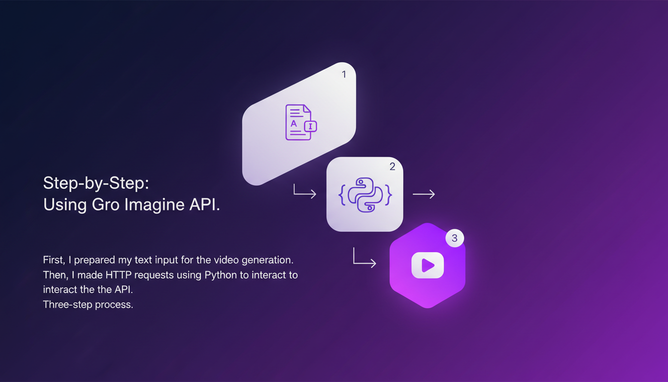 Modern, professional illustration detailing step-by-step use of Gro Imagine API with Python for video generation.