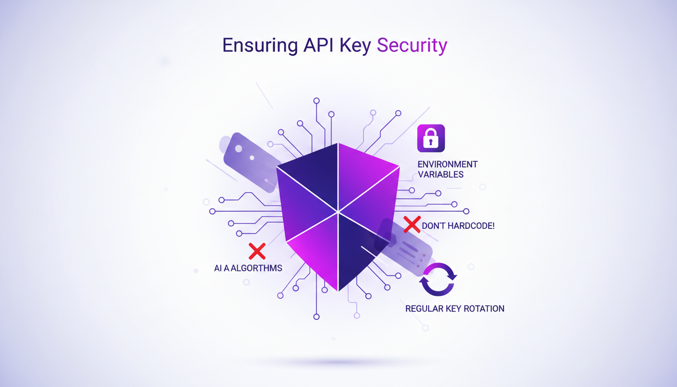 Modern illustration on API Key Security using environment variables, regular key rotation, featuring clean lines and gradient overlays.