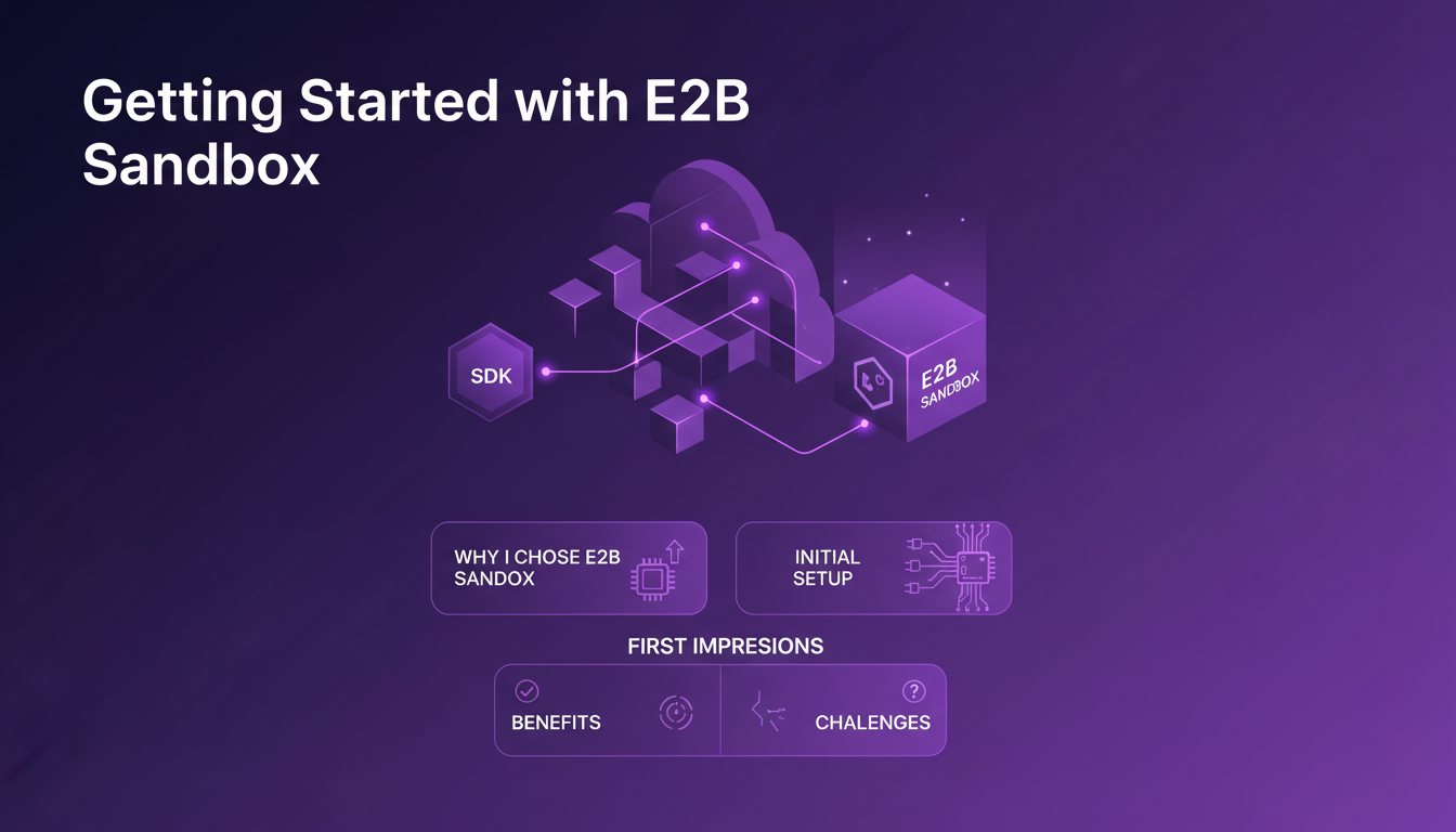 Illustration moderne sur fond indigo représentant le démarrage avec E2B Sandbox pour tester le SDK agent cloud, avec formes géométriques.