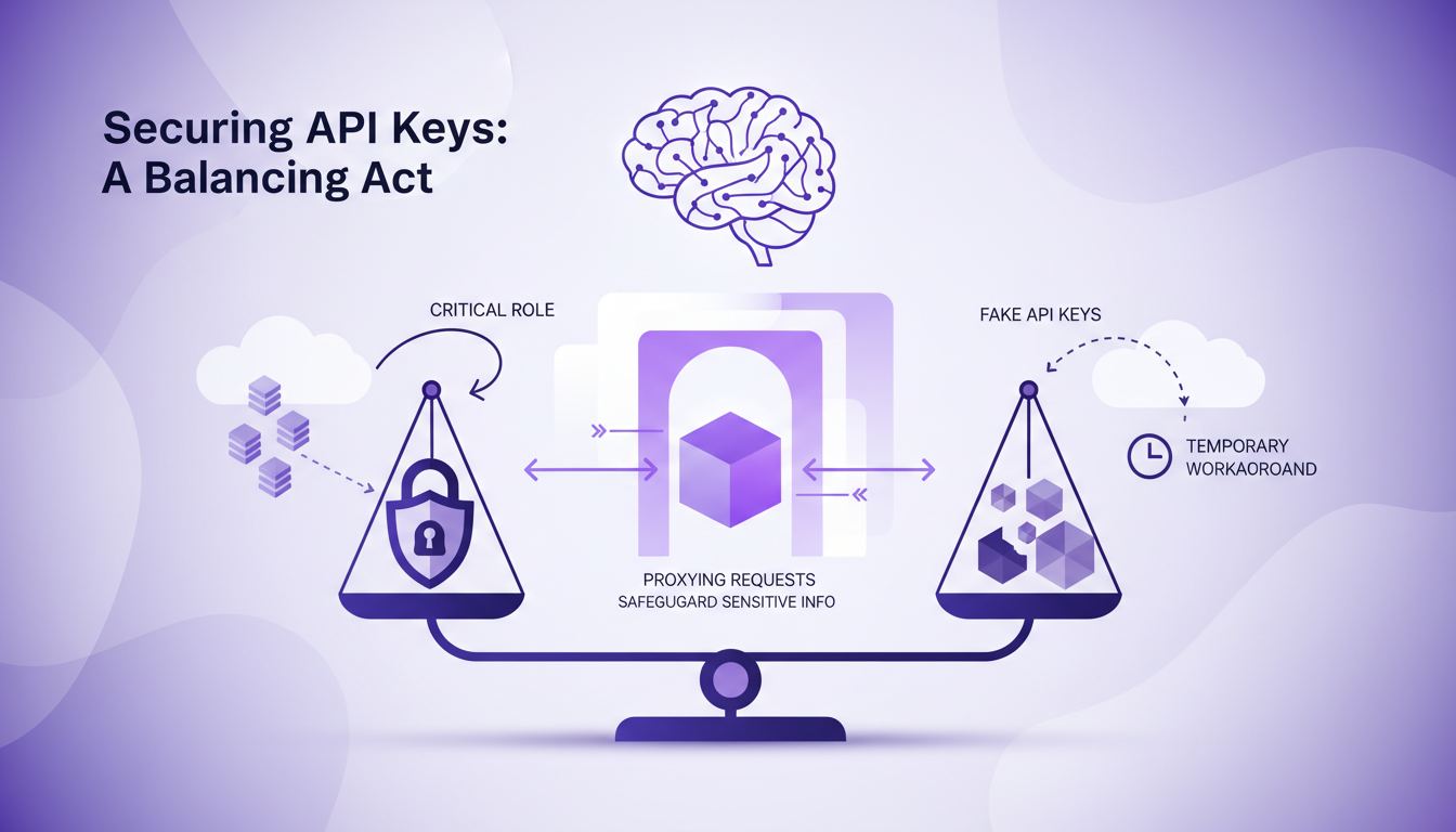 Illustration moderne de la sécurisation des clés API avec formes géométriques, symbolisant l'équilibre entre sécurité et innovation en cloud.