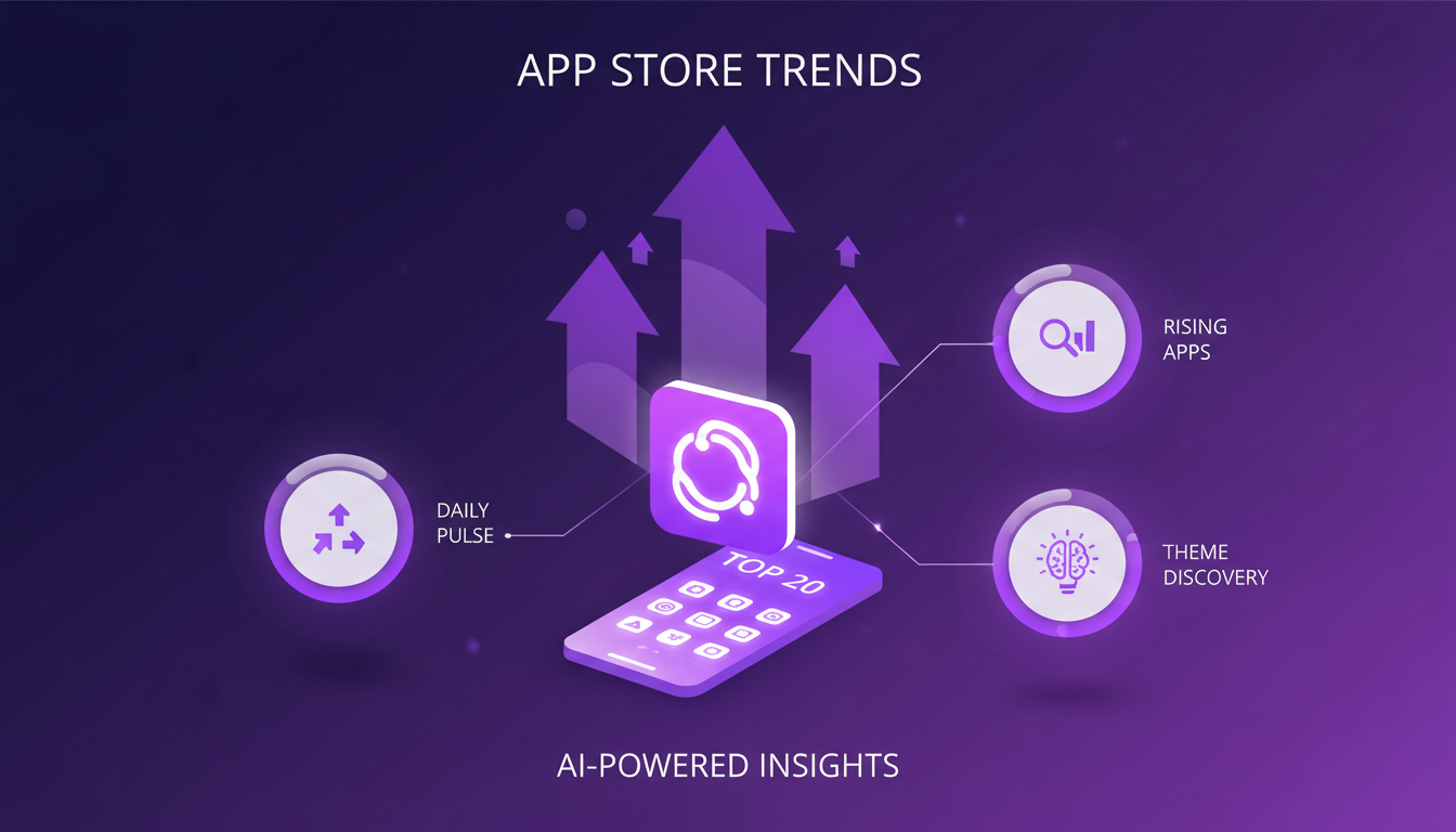 Modern illustration of App Store trends, geometric shapes, indigo and violet gradients, symbolizing AI tech monitoring.
