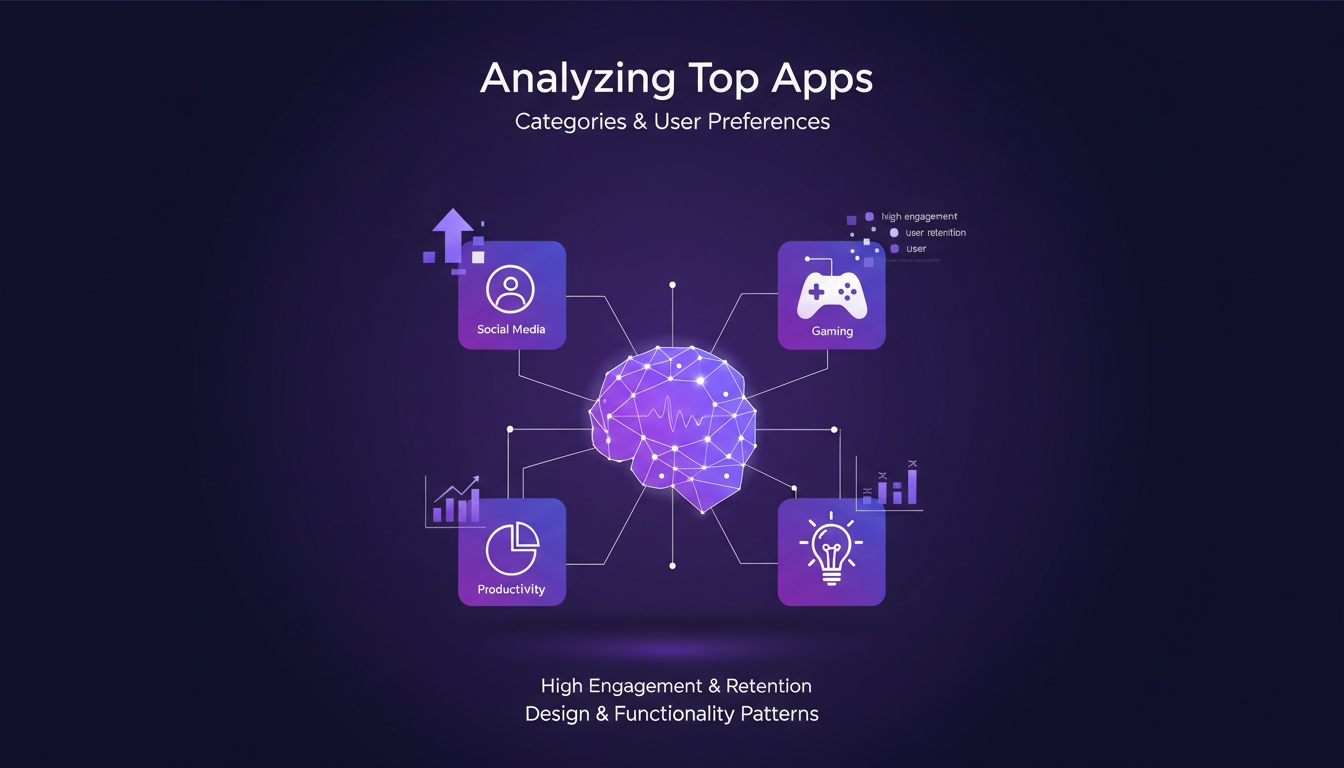 Modern illustration of analyzing top apps in various categories, highlighting user engagement and retention, with a focus on AI technology.