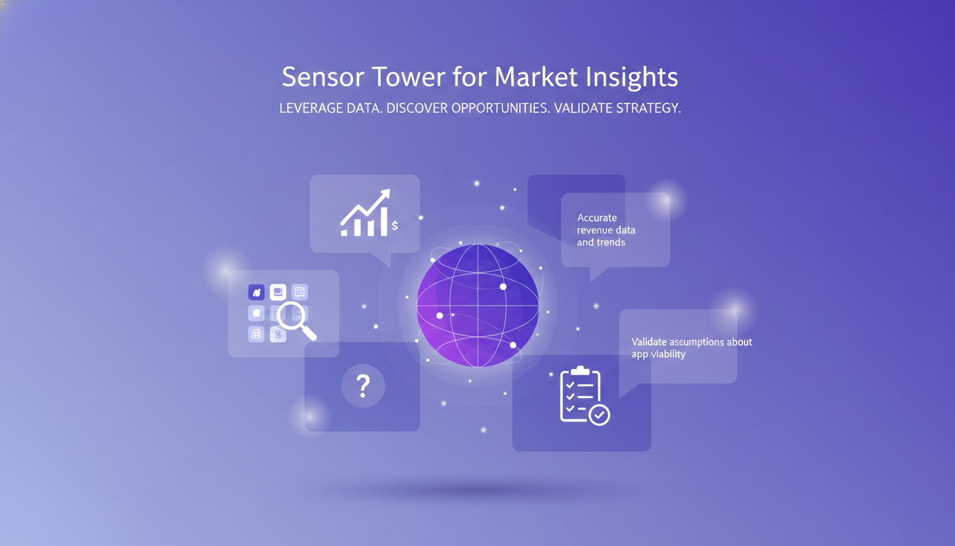 Modern illustration depicting the use of Sensor Tower for market insights with geometric shapes and violet gradients.