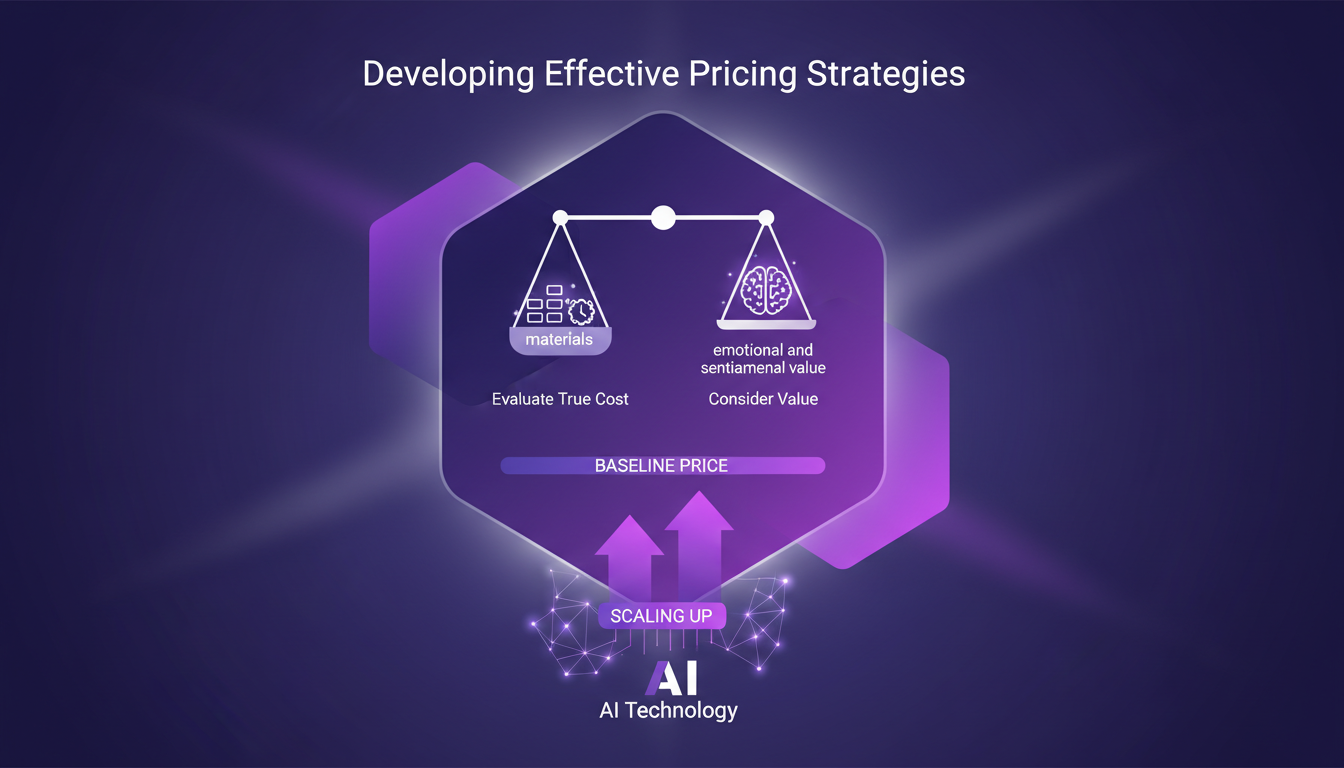 Modern illustration of pricing strategies with geometric shapes, soft shadows, and violet, indigo, and white gradients.