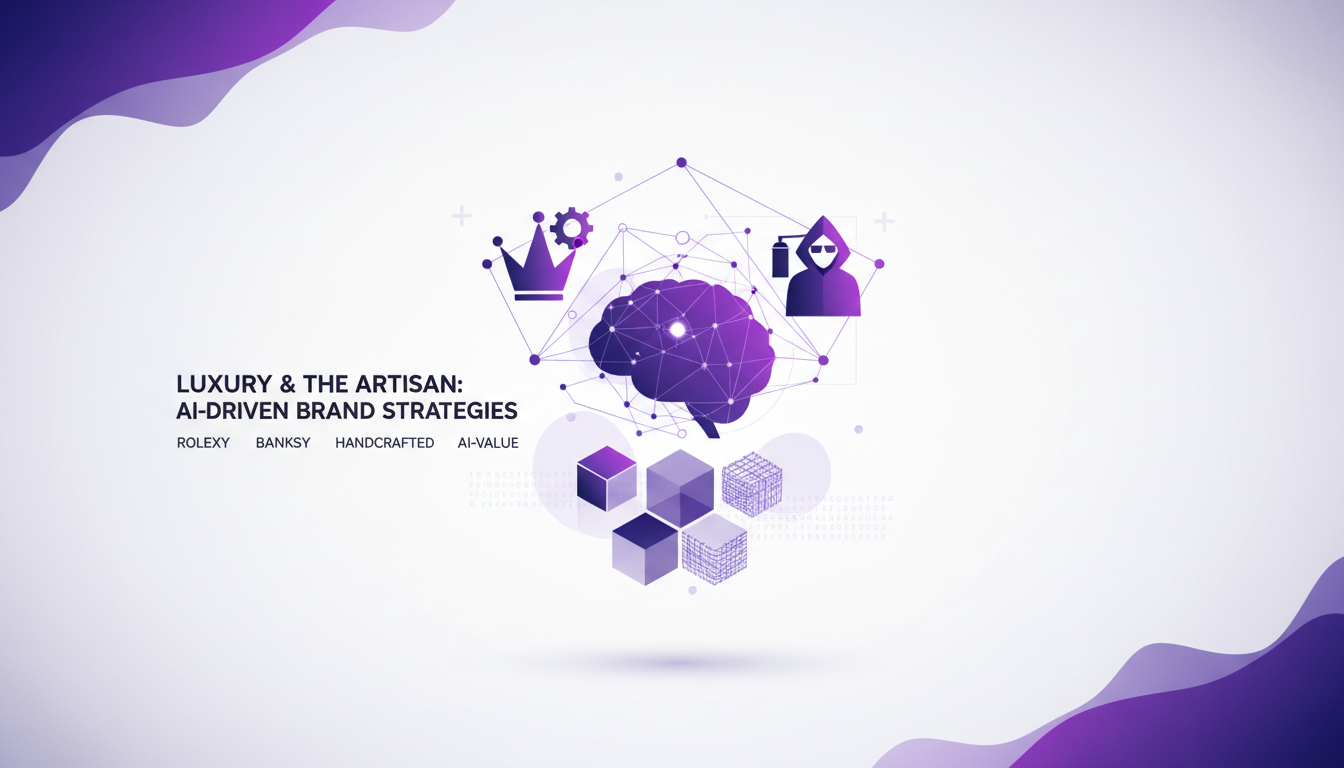 Modern illustration comparing luxury brands like Rolex, Banksy, with geometric shapes and indigo, violet gradients.