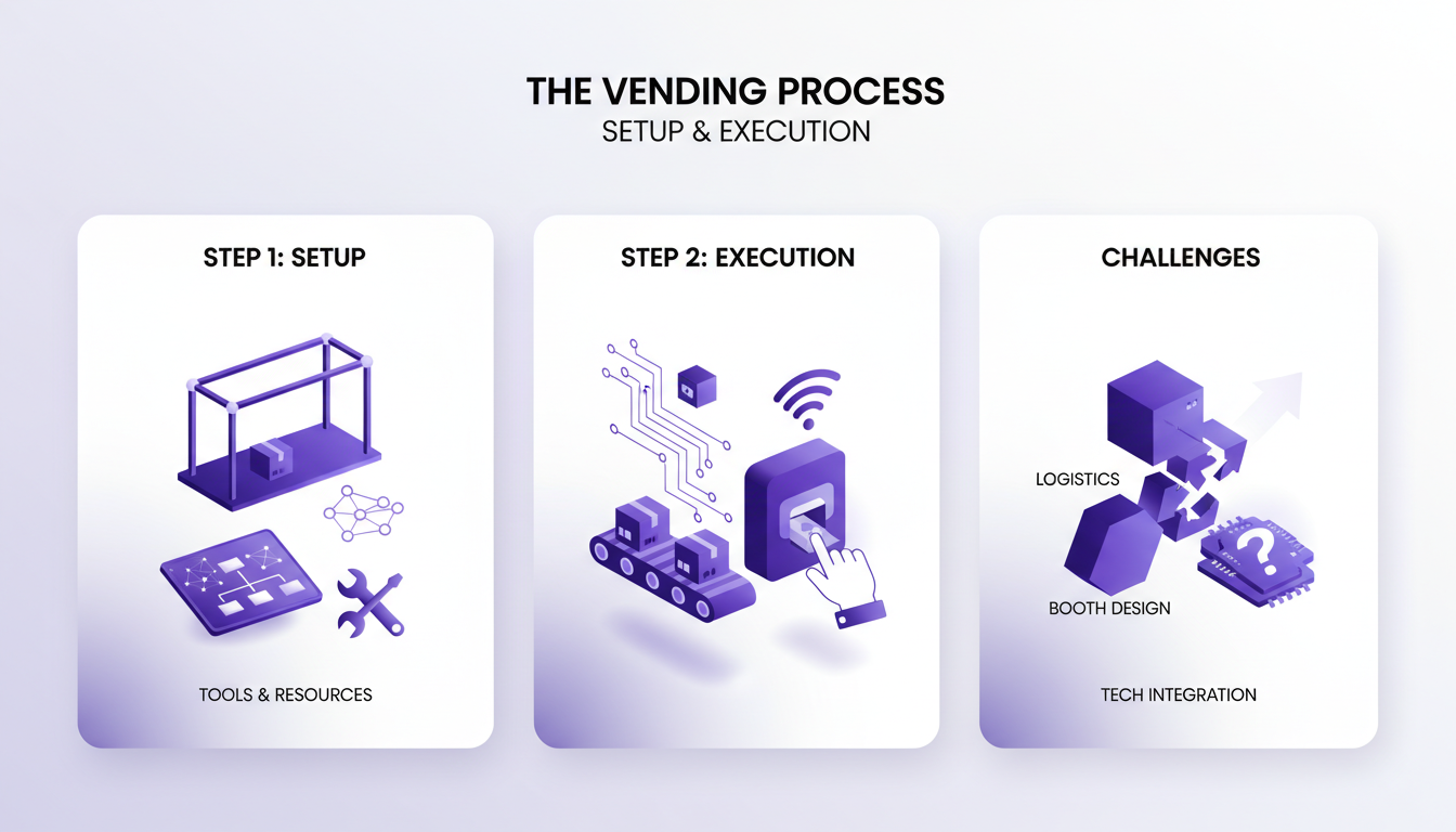 Modern illustration of the vending process: setup and execution, featuring a booth with tech integration, sleek design, and step-by-step guide.