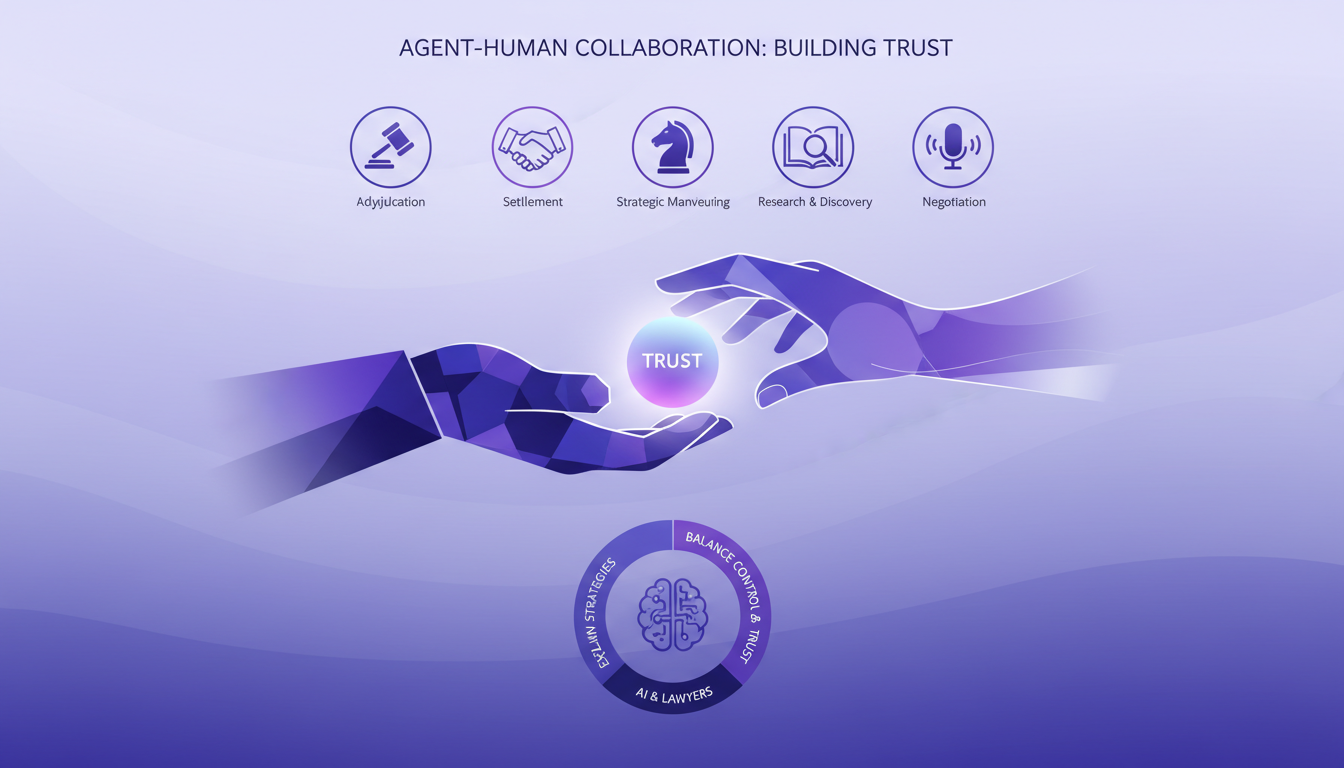 Modern illustration of agent-human collaboration, litigation strategy, with geometric shapes, indigo and violet colors.