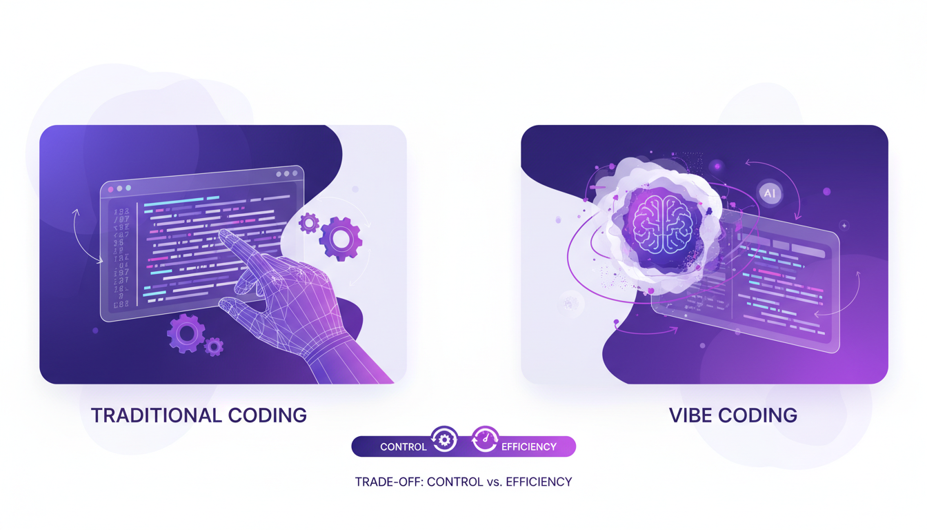 Modern illustration of traditional coding vs Vibe coding with AI, featuring geometric shapes and violet gradients.