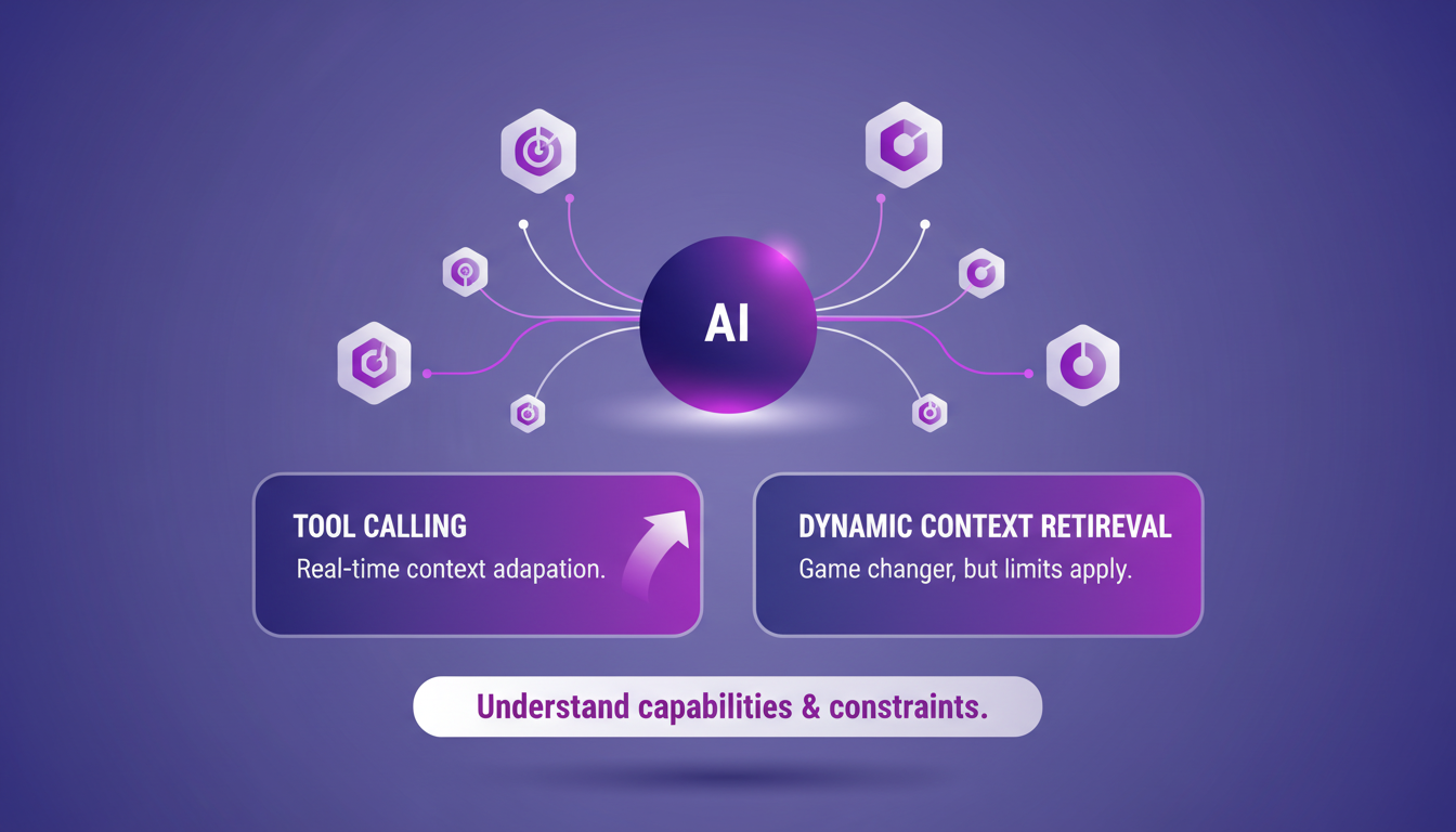 Modern illustration of tool calling and dynamic context retrieval, featuring geometric shapes and indigo-violet gradients.
