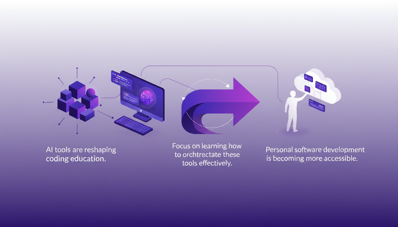 Modern minimalist illustration on education and personal development, highlighting AI tools' impact on coding education and personal growth.