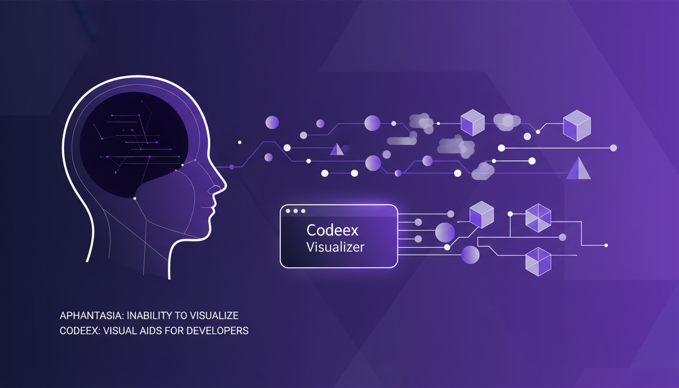 Modern illustration on affantasia's impact on coding with geometric shapes and violet gradients, highlighting Codeex's visual aids.