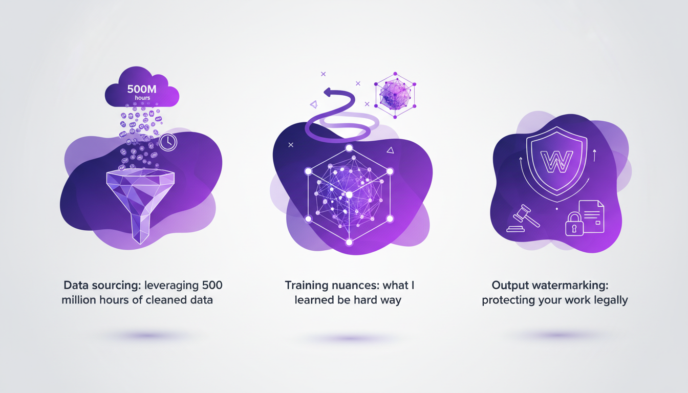 Modern illustration of AI model training with data sourcing and legal considerations, featuring indigo and violet gradients.