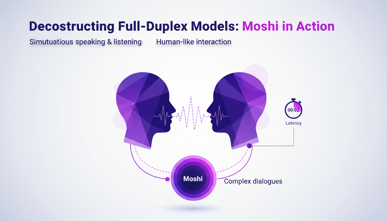 Modern illustration of Moshi in action, full-duplex model, complex dialogue in AI, deep indigo and rich violet hues.