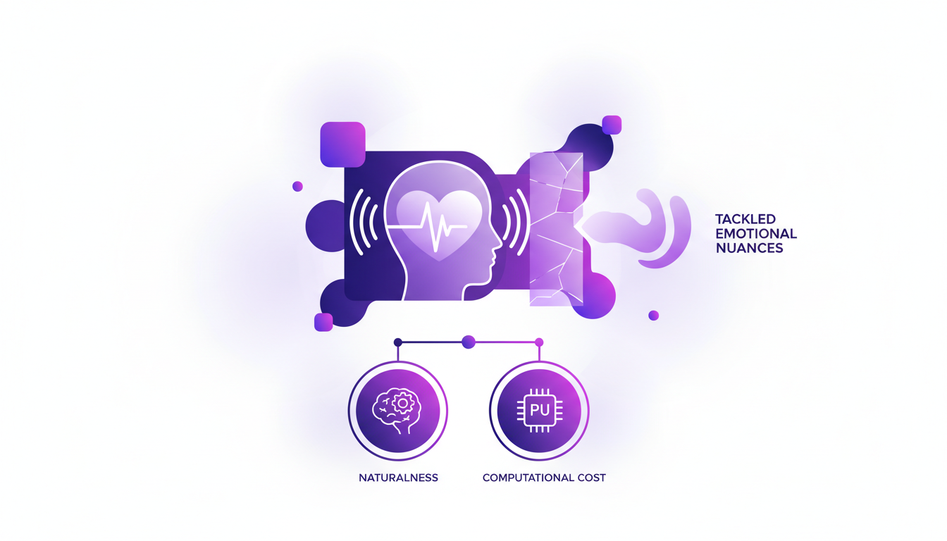 Modern illustration of overcoming AI voice synthesis challenges, highlighting emotional understanding with violet hues and geometric shapes.