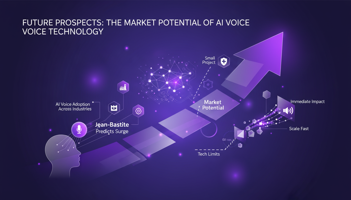 Modern illustration of AI voice technology market potential, featuring geometric shapes and indigo-violet gradients, professional and innovative.