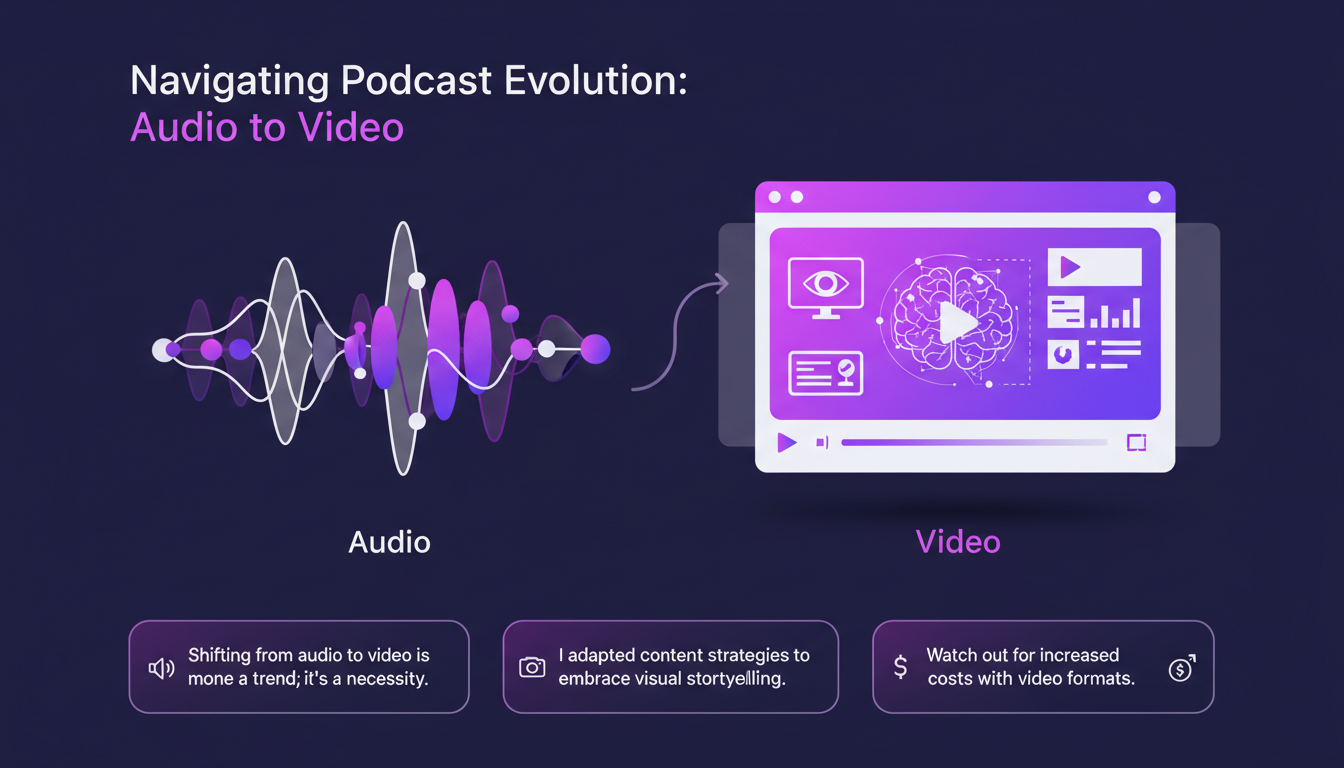 Illustration moderne sur l'évolution des podcasts, passant de l'audio à la vidéo, avec des formes géométriques et des dégradés violets.