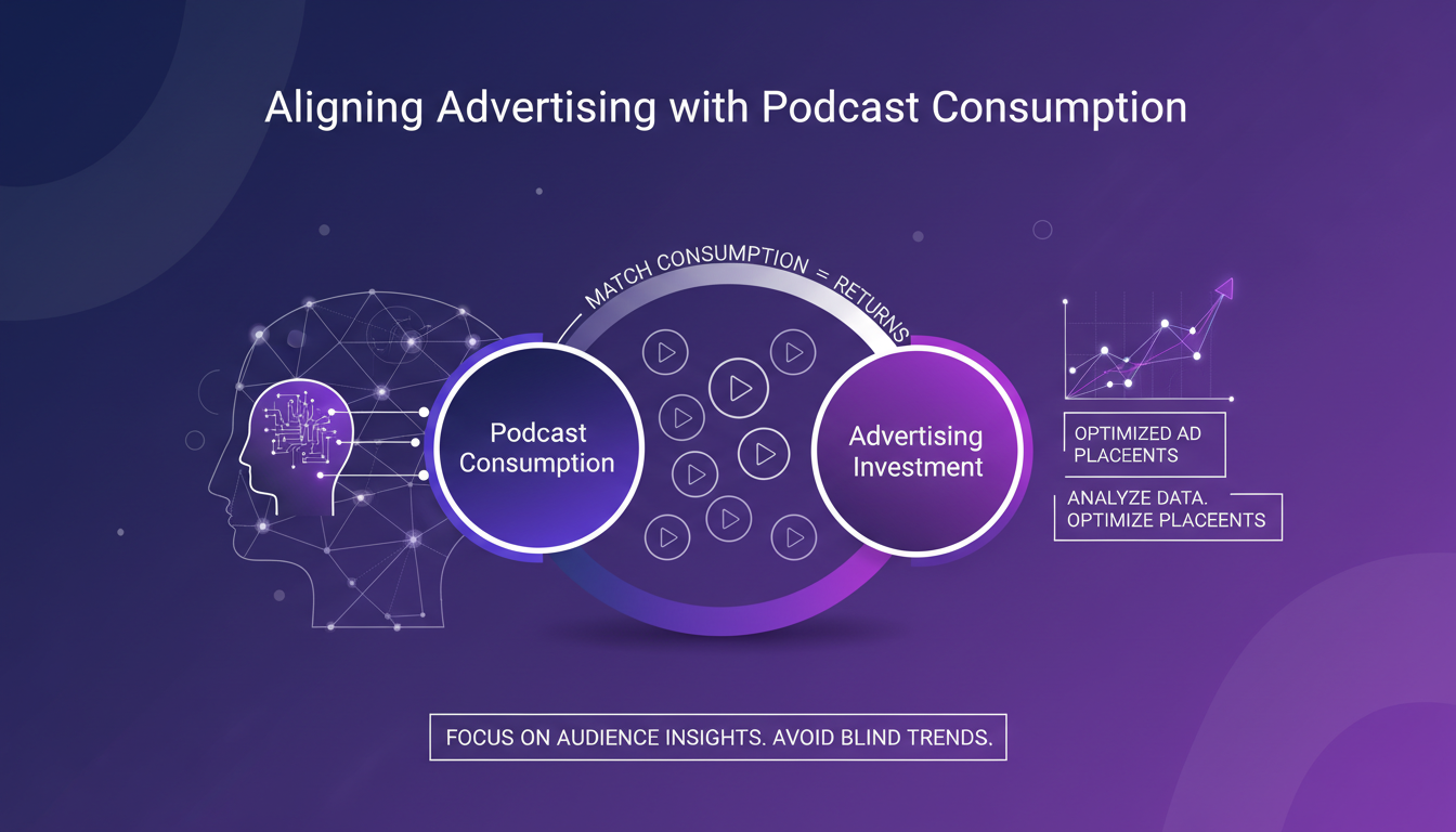 Illustration moderne montrant l'alignement de la publicité avec la consommation de podcasts, utilisant des formes géométriques et des dégradés.