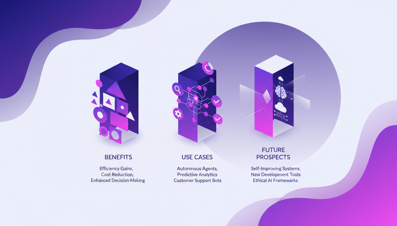 Modern minimalist illustration of AI benefits, use cases, and future prospects with geometric shapes and gradient overlays.