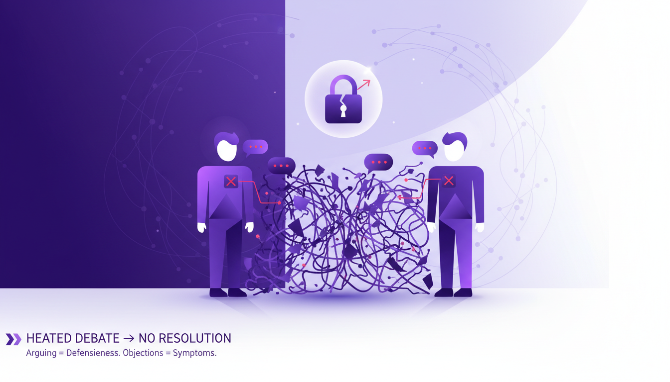 Modern minimalist illustration on arguing ineffectiveness, featuring geometric shapes and violet gradients, for AI tech blog.