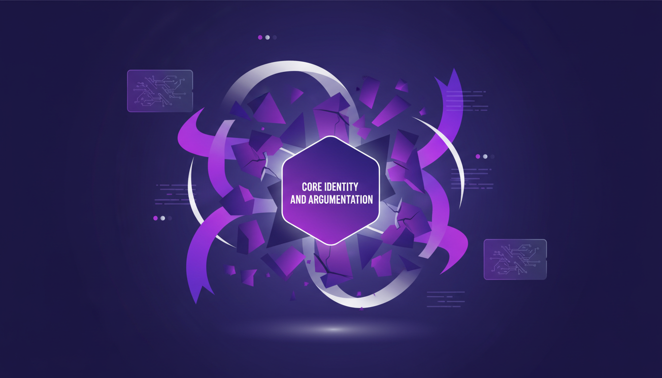 Modern minimalist illustration of core identity and argumentation, featuring geometric shapes and gradients in indigo and violet hues.