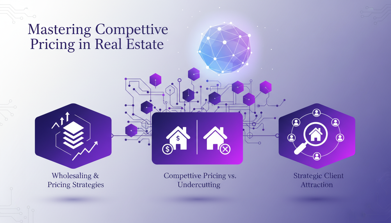 Illustration moderne sur la maîtrise des prix compétitifs dans l'immobilier, avec des formes géométriques et des dégradés indigo et violet.