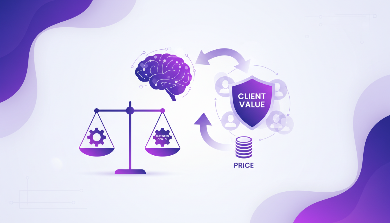 Illustration moderne de la priorisation des besoins des clients en vente, avec formes géométriques et dégradés indigo et violet.