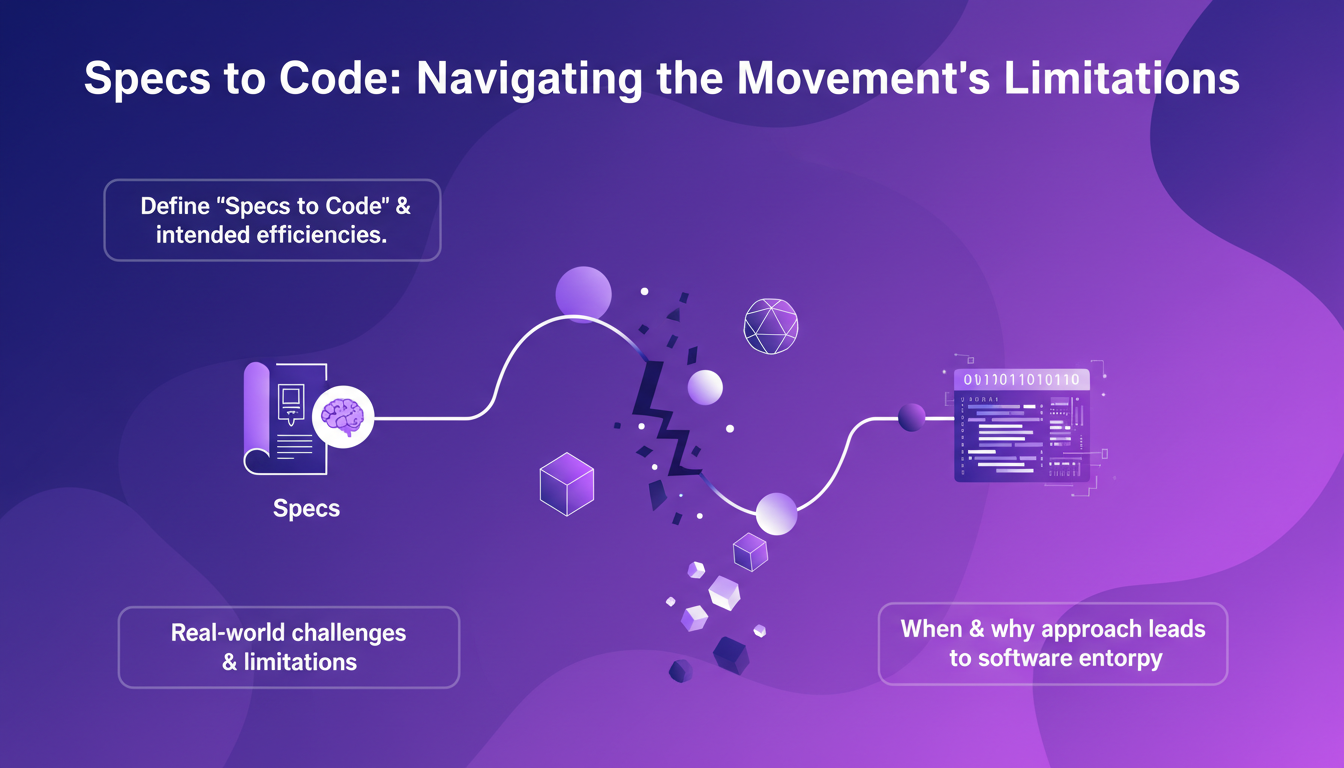 Modern minimalist illustration on 'Specs to Code' movement, exploring its challenges and limitations in software development.