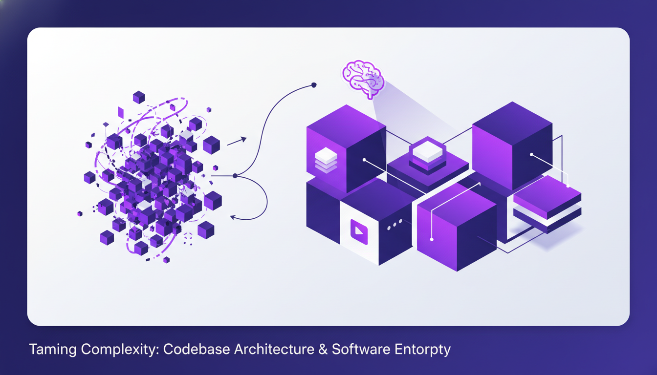 Modern minimalist illustration on codebase architecture and software entropy, featuring geometric shapes and gradient overlays.