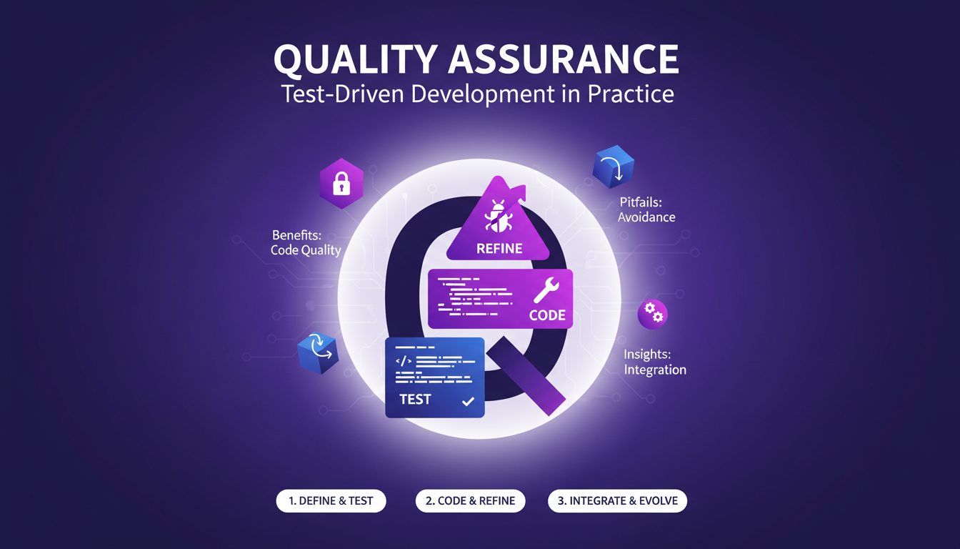 Modern illustration of quality assurance with test-driven development, integrating TDD into workflows, featuring indigo and violet colors.