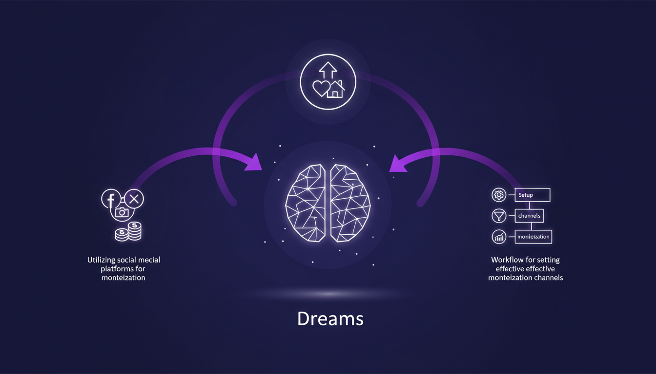 Illustration moderne de la monétisation et financement des rêves via les réseaux sociaux, avec thèmes de l'IA et palette indigo-violet.