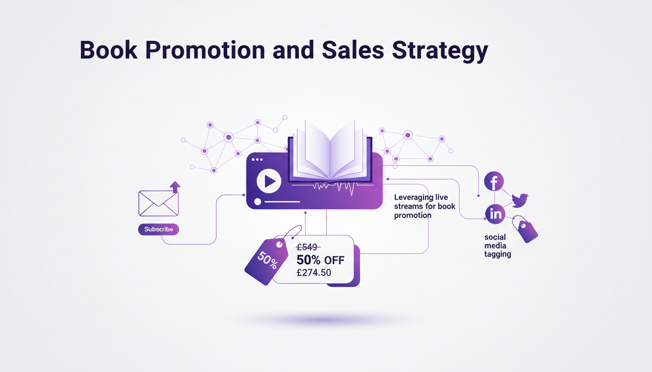 Illustration moderne de stratégie de promotion de livre, intégrant le streaming en direct, stratégie de prix et engagement sur réseaux sociaux.