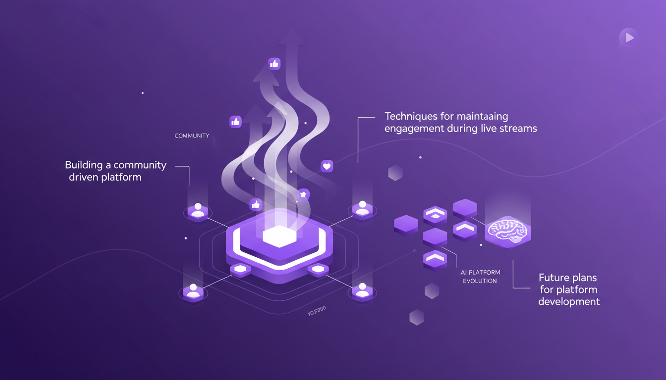 Illustration moderne de l'engagement communautaire et du développement de plateforme, avec formes géométriques et nuances de violet.