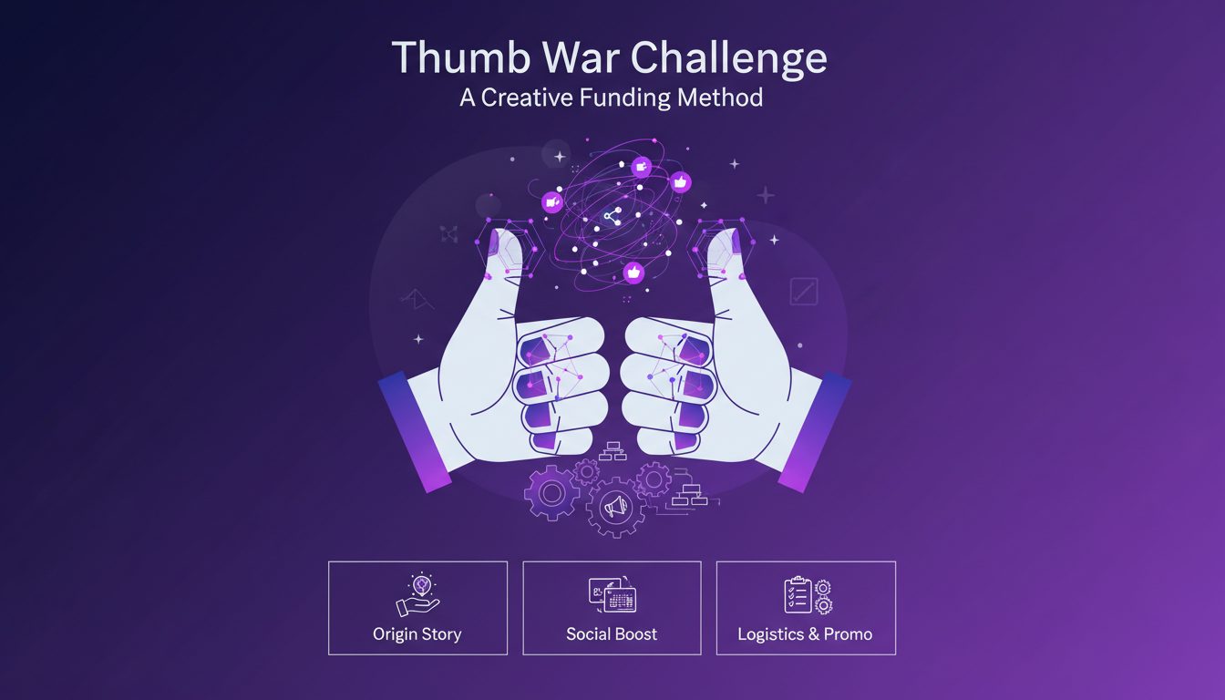 Modern illustration of thumb war challenge for funding, featuring social media collaboration, geometric shapes, and gradient overlays.