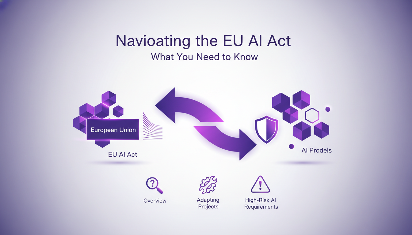 Modern illustration on navigating the EU AI Act, highlighting key concepts and adapting to new regulations with a minimalist design.