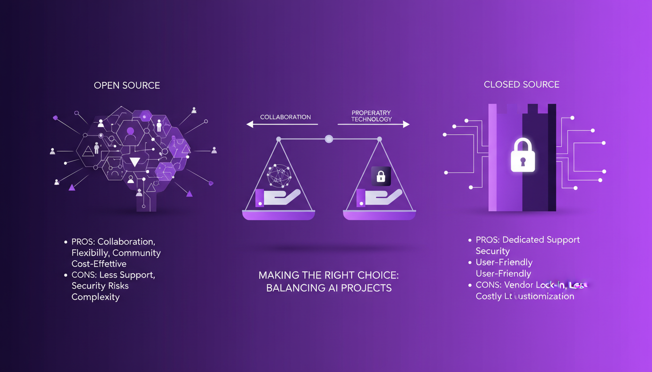 Modern illustration of choosing between open source and closed source AI models, featuring geometric shapes and gradient overlays.