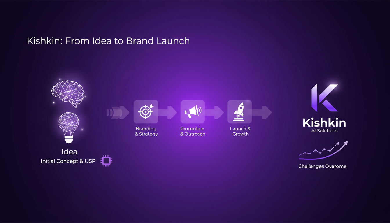 Modern illustration of Kishkin: from idea to brand, featuring geometric shapes and indigo-violet gradients, symbolizing AI innovation.