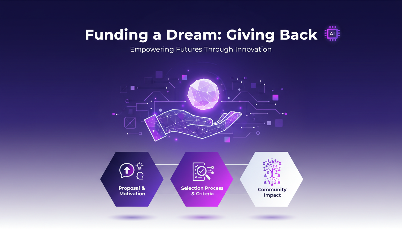 Modern illustration on funding a dream, depicting community impact and AI innovation, with geometric shapes and violet gradients.