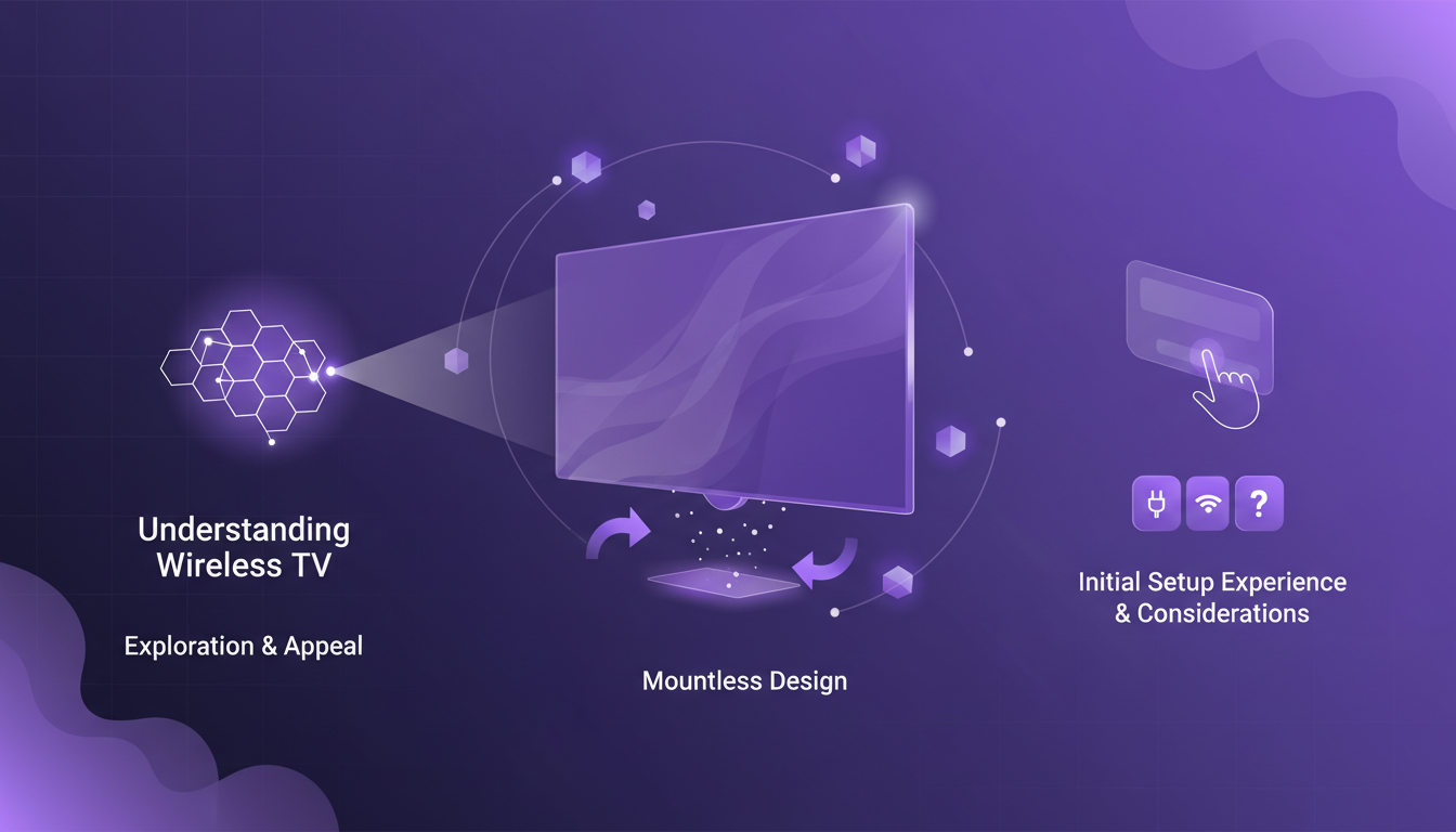 Modern illustration of wireless, mountless TV technology with geometric shapes and subtle gradients, in indigo and violet color palette.