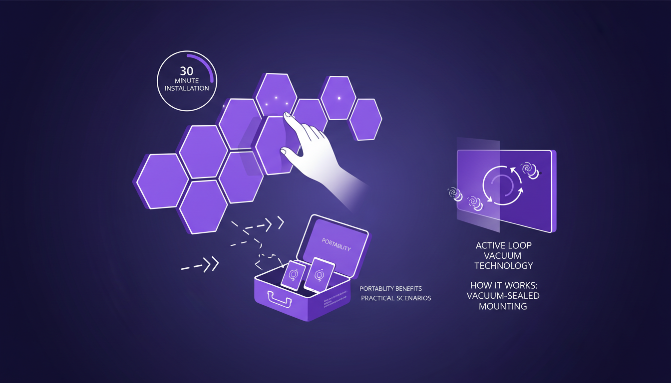 Modern illustration depicting mounting capabilities and portability with Active Loop Vacuum technology, 30-minute setup, AI tech focus.