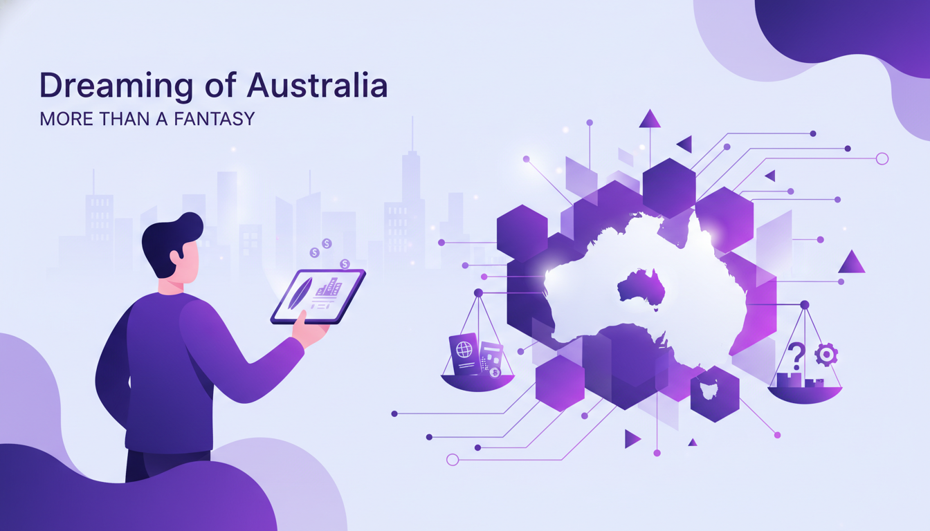 Modern minimalist illustration on 'Dreaming of Australia', featuring geometric shapes and indigo-violet gradients, symbolizing lifestyle and opportunities.
