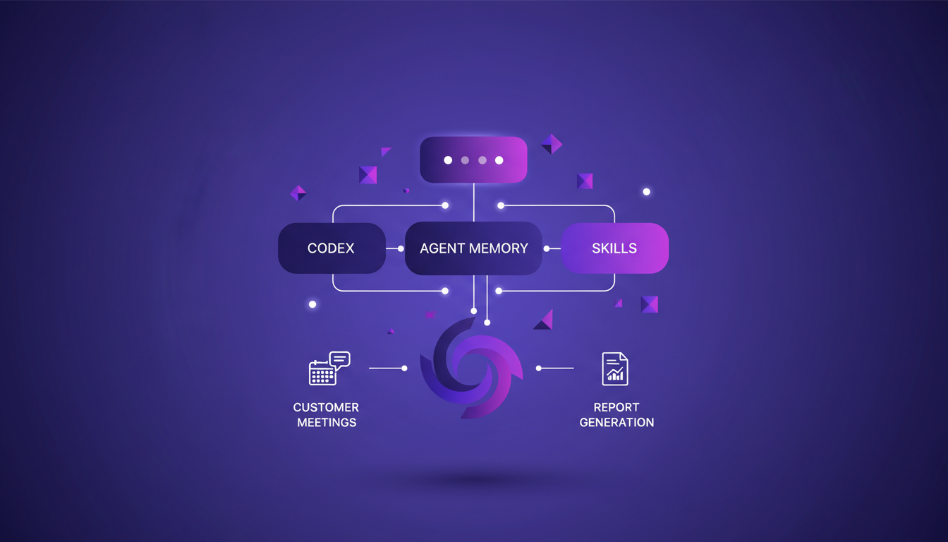 Illustration moderne des agents de bureau, montrant Codex, mémoire d'agent et compétences, pour automatiser les tâches répétitives.