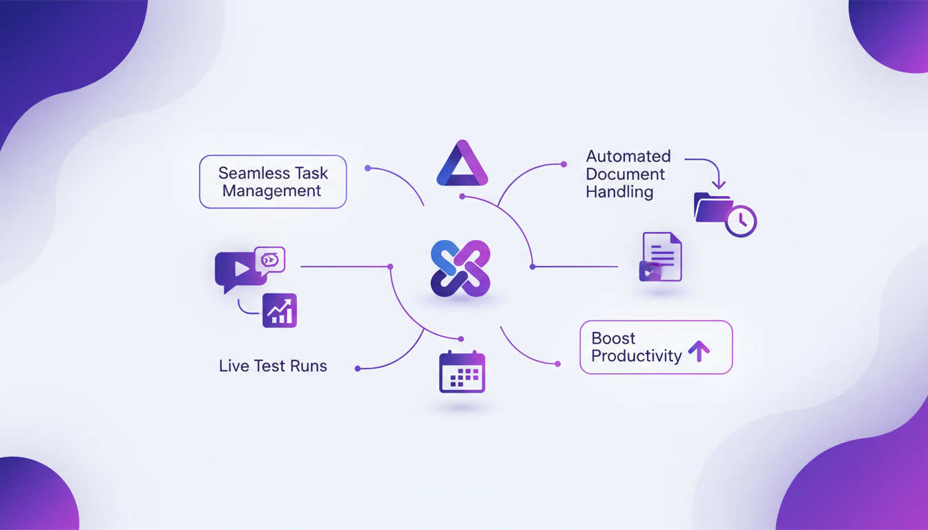 Illustration moderne de l'intégration Slack et Google Suite avec des formes géométriques et des dégradés indigo et violet.