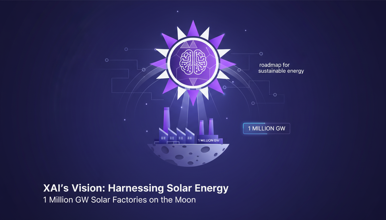 Modern illustration of solar energy: XAI's vision with lunar factories for 1000 GW, indigo and violet palette.