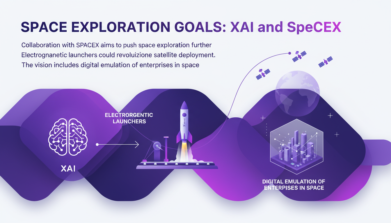 Modern illustration of SpaceX and XAI for space exploration, featuring geometric shapes and indigo-violet gradients.
