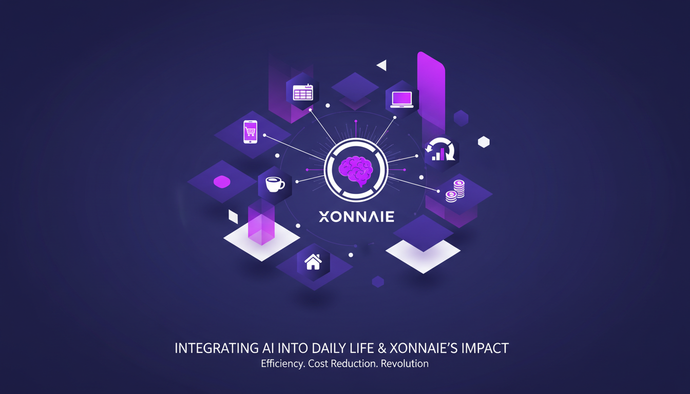 Modern illustration of AI integration into daily life with Xonnaie, highlighting efficiency and cost reduction, indigo and violet palette.