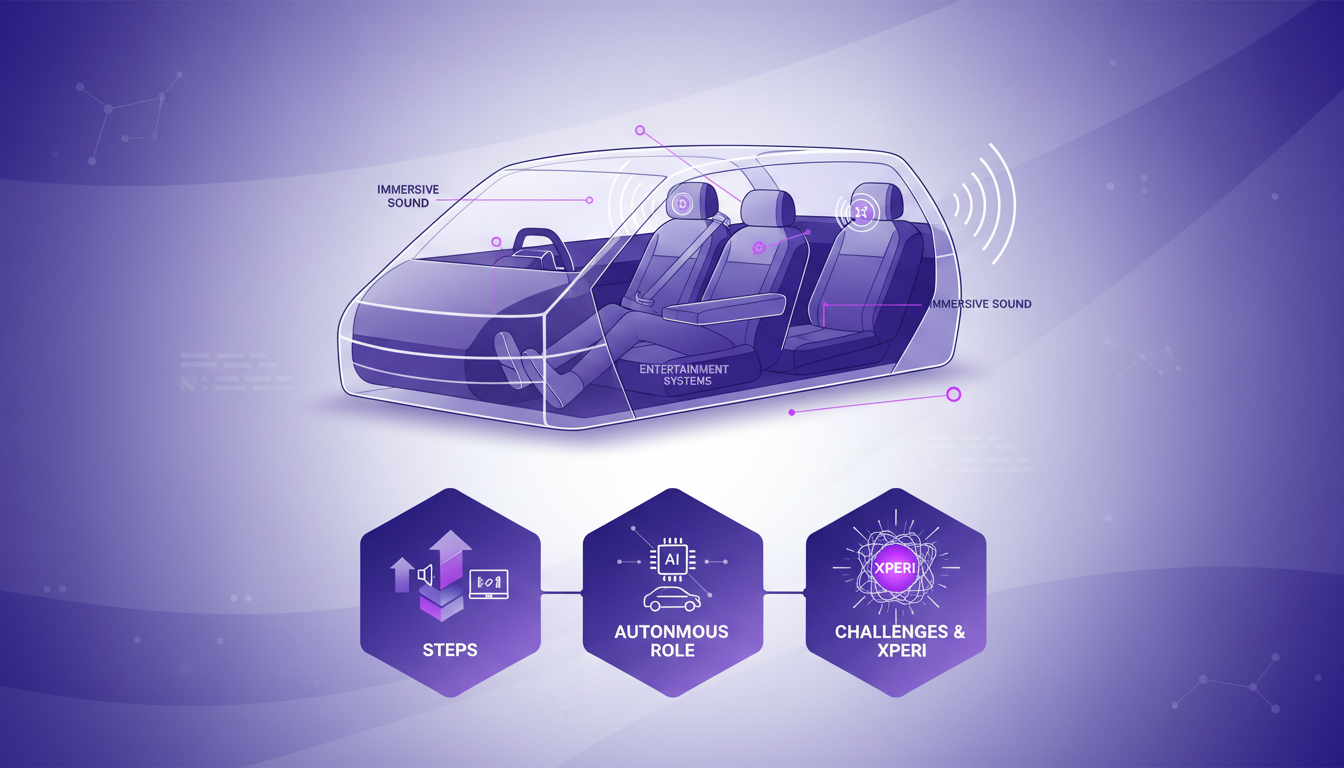 Modern illustration of integrating immersive entertainment systems in autonomous vehicles, featuring geometric shapes and violet gradients.